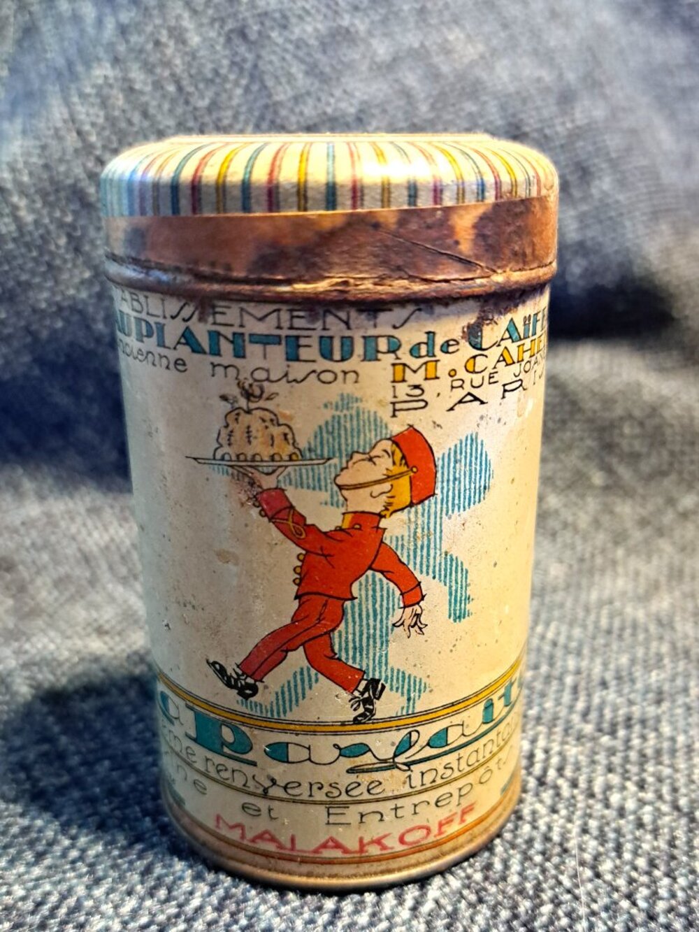 RARE ANTIQUE CAFFE LITHOGRAPH SMALL TIN CAN PARIS COFFEE TEA